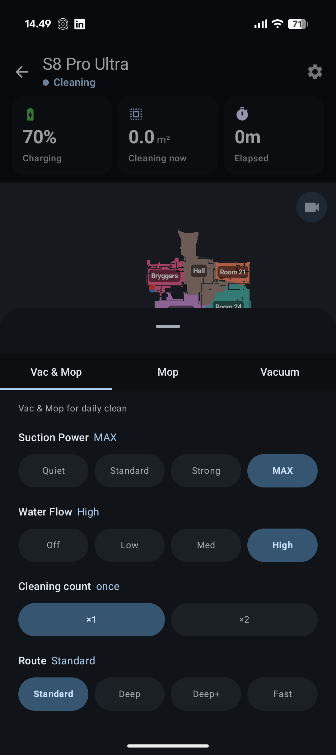 Suction power, water flow, cleaning count and route settings