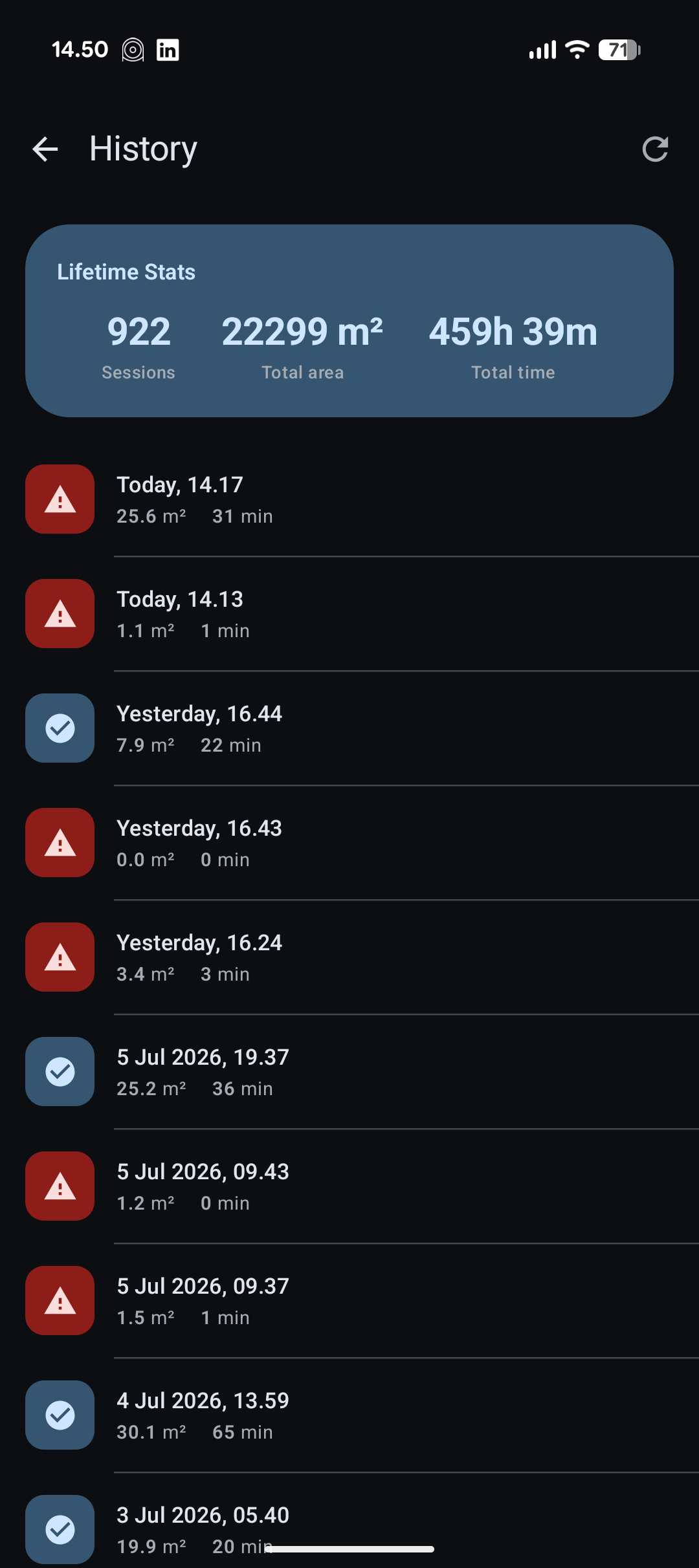 Cleaning history with lifetime session, area and time totals
