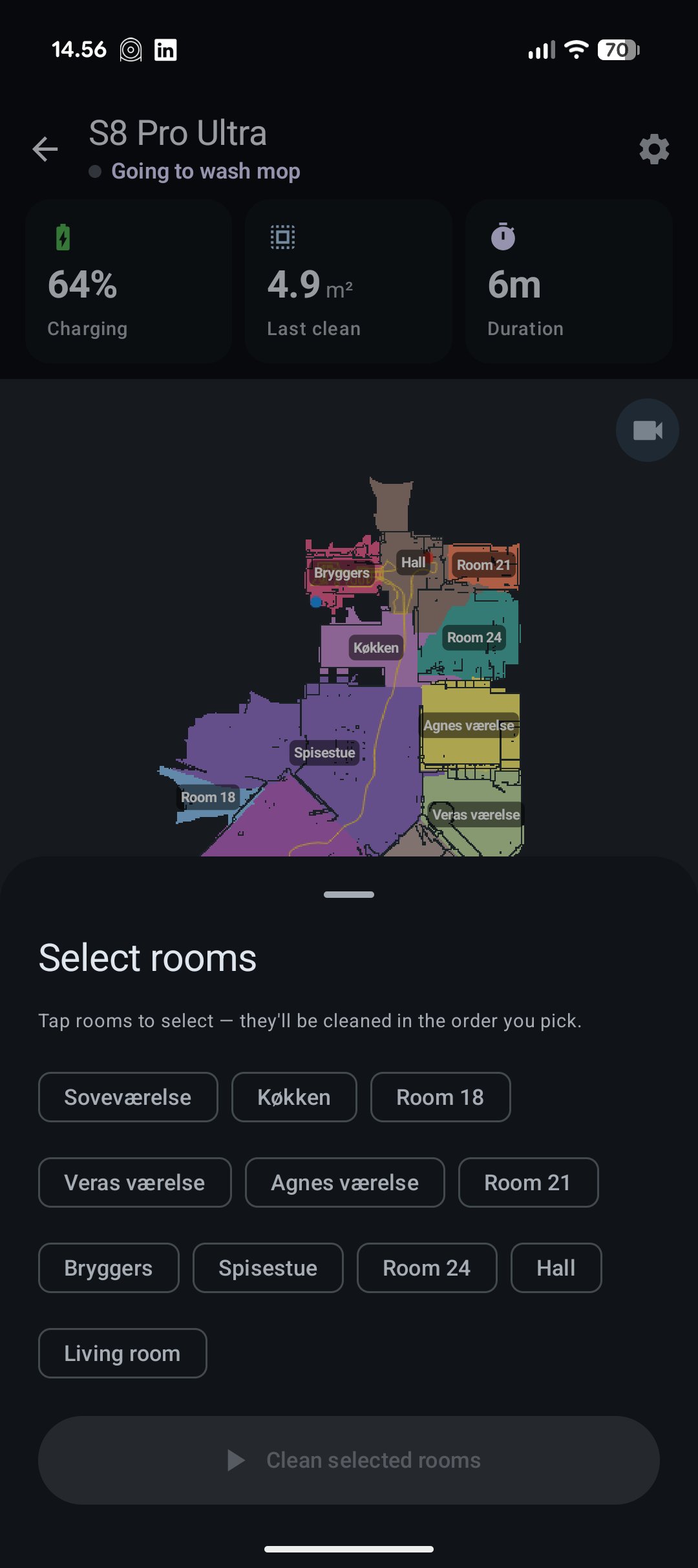 Room picker listing every named room, cleaned in the order you tap them
