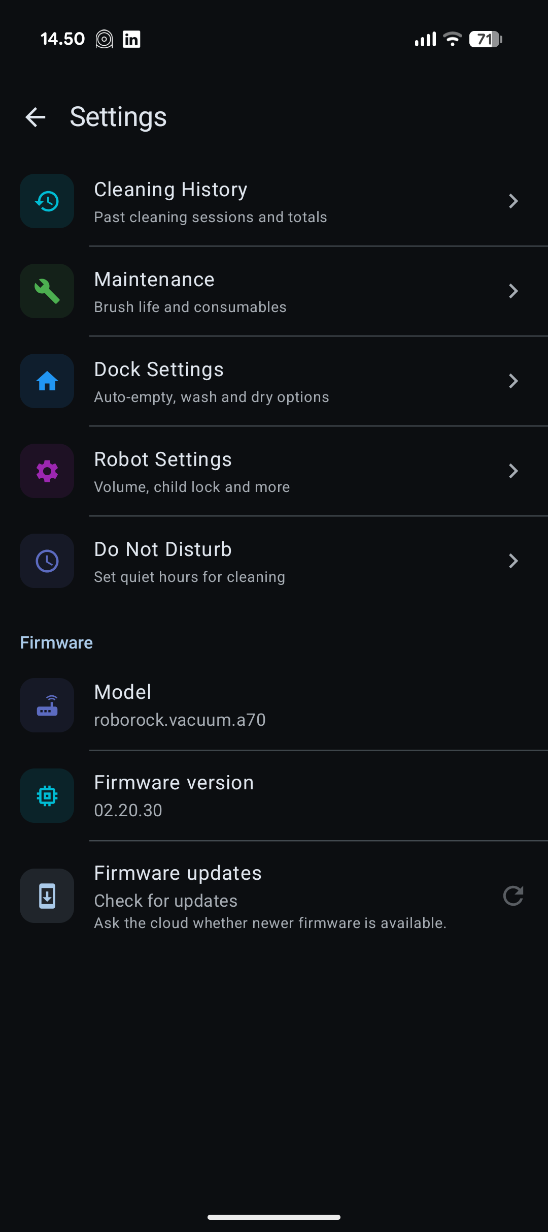 Settings: maintenance, dock, robot options and firmware info